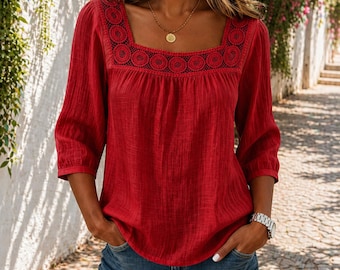 Chemisier d'été pour femme, haut en dentelle au crochet, chemise ample et légère