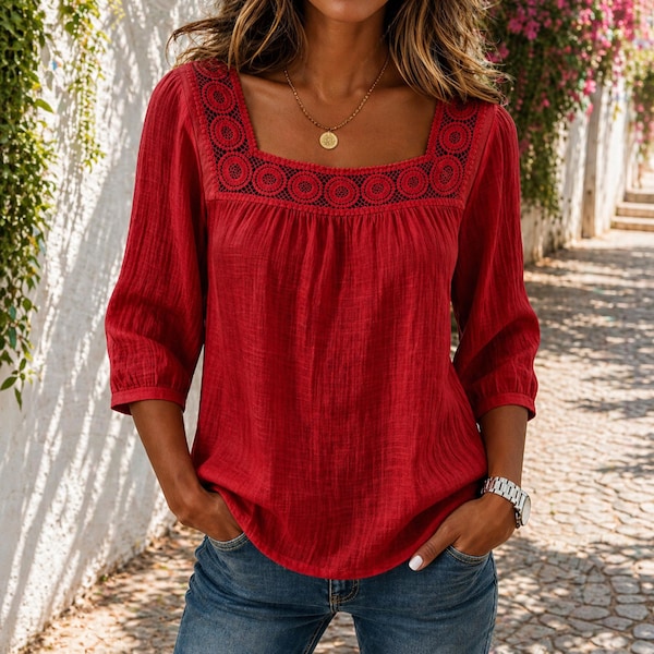 Women Summer Blouse, Crochet Lace Neckline Top, Lightweight Loose Fit Shirt