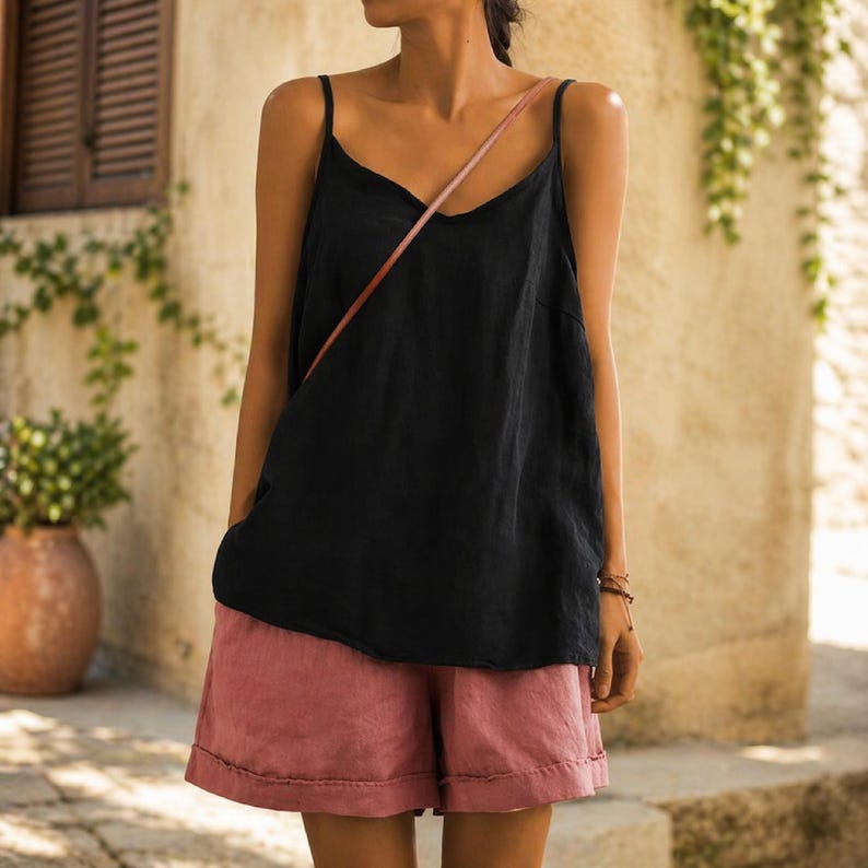 May include: A black camisole top with thin straps and a V-neck paired with pink shorts. The shorts have a rolled hem. The outfit is casual and suitable for warm weather.