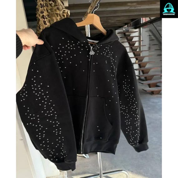 u*i様 SUPPLIER Studs Cross Patch Zip Hood Silver Stud Cross Hoodie - Unisex Zip up Sweatshirt - Edgy