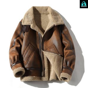 May include: A brown faux leather jacket with a beige shearling collar and lining. The jacket features a zip-up front, two front pockets, and brown trim. The jacket has a classic aviator style.