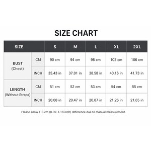 May include: A size chart for clothing, with measurements in both centimeters and inches. The chart includes bust and length measurements for sizes S through 2XL. The text at the bottom states that there may be a 0.39-1.18 inch difference due to manual measurement.