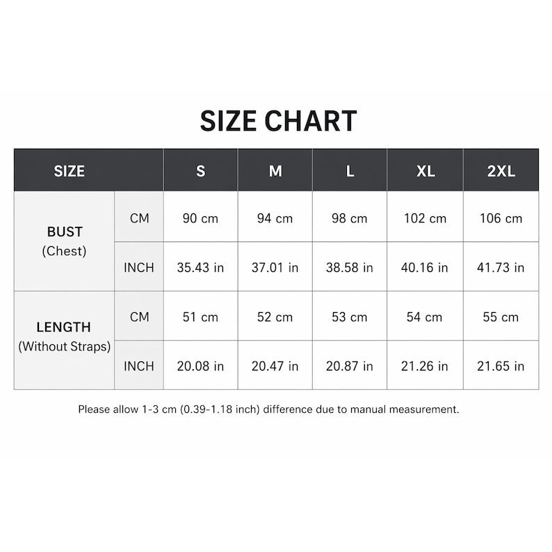 May include: A size chart for clothing, with measurements in both centimeters and inches. The chart includes bust and length measurements for sizes S through 2XL. The text at the bottom states that there may be a 0.39-1.18 inch difference due to manual measurement.