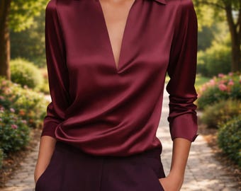 Minimalist V Neck Blouse for Women – Smooth Satin Style Shirt, Trendy Ladies Top