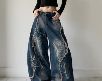 Ster esthetische rechte broek wijde pijpen jeans grunge denim broek vrouwen Y2K vintage mannen Koreaans blauw streetwear oversize kopen vanaf een prijs van 8.16