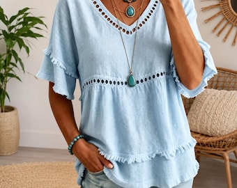 Damen Lässige Sommer Bluse Öse Detail Lockere Passform Leichte Tunika Mode Top
