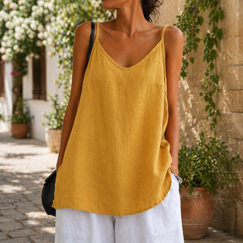 May include: Mustard yellow V-neck camisole top with thin straps. The top has a loose fit and is paired with white wide-leg pants. The outfit is worn outdoors, with a black bag over the shoulder.