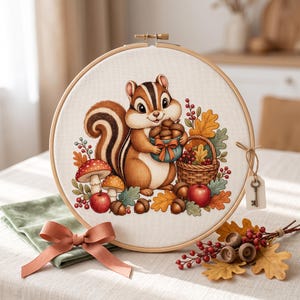 May include: A circular wooden embroidery hoop containing a cross-stitch design of a brown chipmunk holding a basket of acorns. The scene includes red apples, mushrooms, autumn leaves, and berries. A small metal key hangs from the side of the hoop.