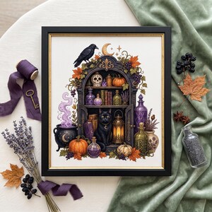 Cross Stitch Pattern Black Cat Witchy Shelf, Digital PDF for Gothic Autumn Decor, Instant Download Magic Craft