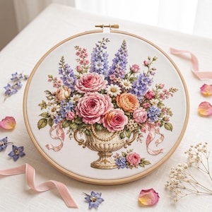 May include: A circular wooden embroidery hoop containing a fabric panel with a detailed needlepoint design of a floral arrangement in a decorative urn. The bouquet features pink and orange roses, purple delphiniums, and small white daisies.