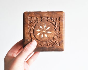 Small Carved Wood Box with Bone Inlay // Square Box // Made in India
