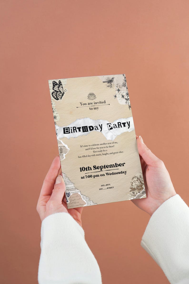 Open Ripped Present Paper Invitation Vintage Torn Paper Birthday Invitation | Collage Scrapbook Style ...