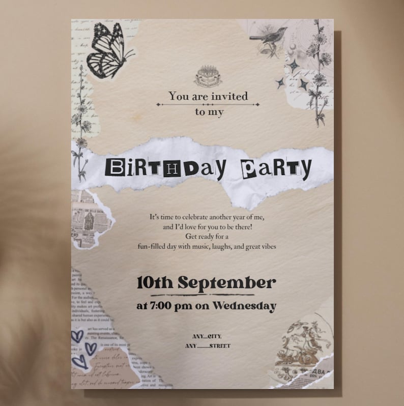 Open Ripped Present Paper Invitation Vintage Torn Paper Birthday Invitation | Collage Scrapbook Style ...