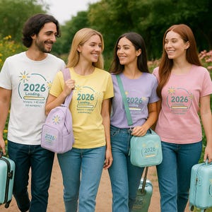 Peut inclure: Quatre personnes portant des t-shirts avec l'inscription "2026 Loading..." et un motif de soleil. Ils marchent &agrave; l'ext&eacute;rieur, chacun portant un petit sac ou une valise dans des tons de violet, bleu et vert. Le groupe porte des jeans bleus.