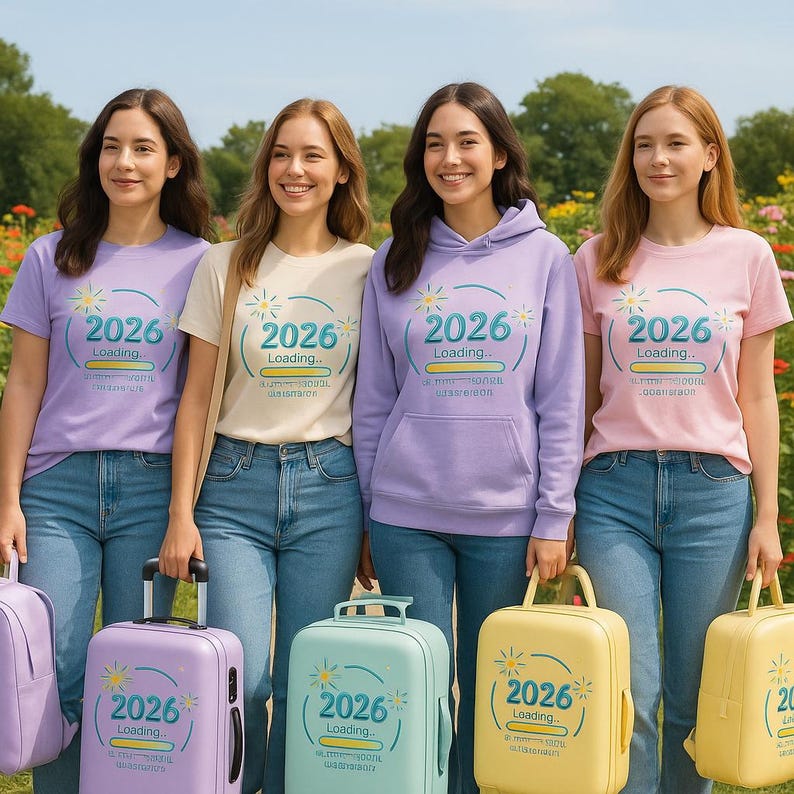Peut inclure: Quatre personnes portant des t-shirts et un sweat &agrave; capuche avec le texte "2026 Loading..." et tenant des bagages assortis. Les v&ecirc;tements et les bagages sont de couleurs pastel. Ils se tiennent devant un jardin fleuri.