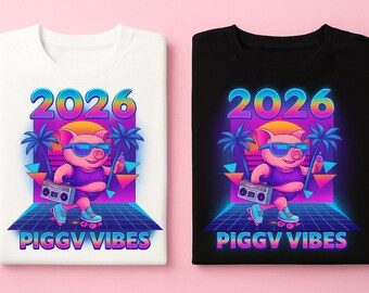 Retro Piggy Vibes 2026 PNG | Neon Roller Skate Pig Clipart