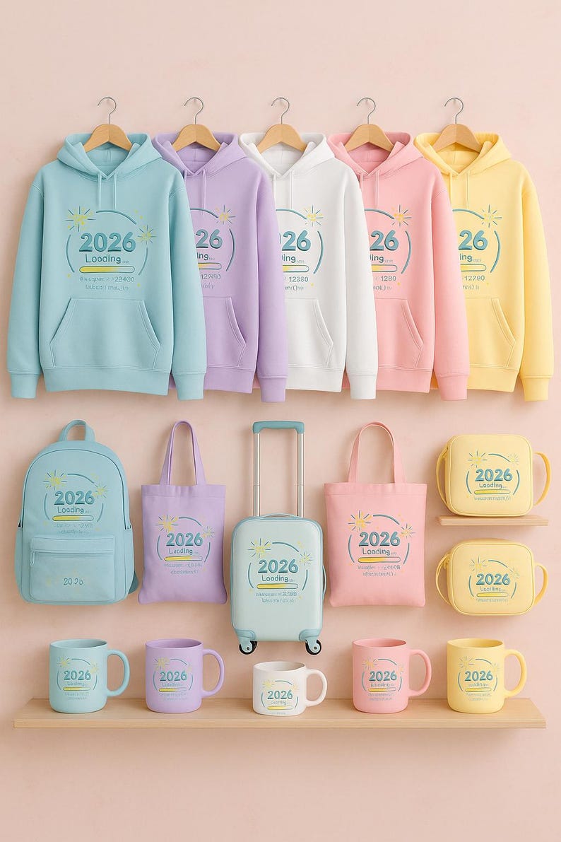 Peut inclure: Ensemble d'articles aux couleurs pastel : sweats &agrave; capuche, sacs &agrave; dos, sacs fourre-tout, valises et mugs. Chaque article affiche le texte "2026 Loading" dans une police fantaisiste. Sur fond rose clair.