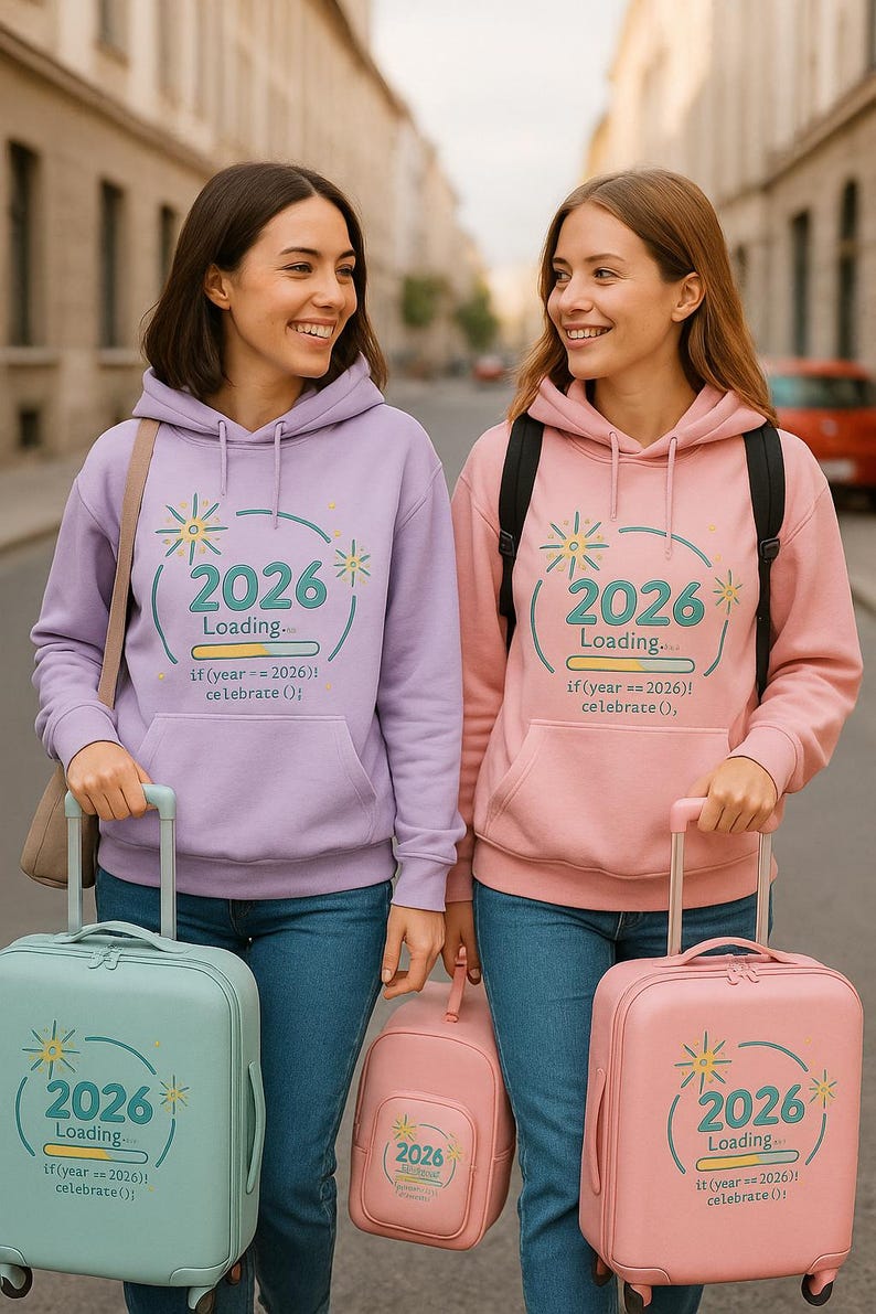 Peut inclure: Deux personnes portant des sweats &agrave; capuche assortis avec le texte "2026 Loading" et des bagages. Les sweats &agrave; capuche sont de couleur lilas et rose. L'une a une valise bleu clair, l'autre une valise et un sac &agrave; dos roses. Le texte comprend la phrase "if (year == 2026)! celebrate();".
