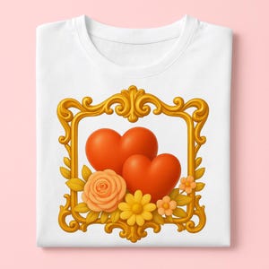 May include: White t-shirt with a gold ornate frame design. Inside the frame are two orange hearts, a peach rose, and yellow flowers. The shirt is folded. The design is centered, creating a romantic aesthetic.