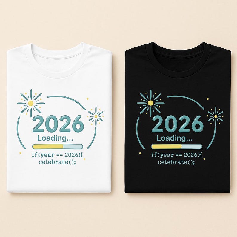 Peut inclure: Deux t-shirts, un blanc et un noir, chacun avec un graphisme turquoise et jaune. Le design comprend le chiffre "2026", le mot "Loading..." et le code "if(year == 2026){ celebrate(); }".