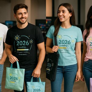 Peut inclure: Quatre personnes portent des t-shirts avec le texte "2026 Loading..." et tiennent des sacs fourre-tout. Les chemises sont blanches, noires, bleu clair et roses. Les sacs fourre-tout sont bleu clair, noirs et violets. Le texte comprend une barre de chargement et la phrase "Celebrate()".
