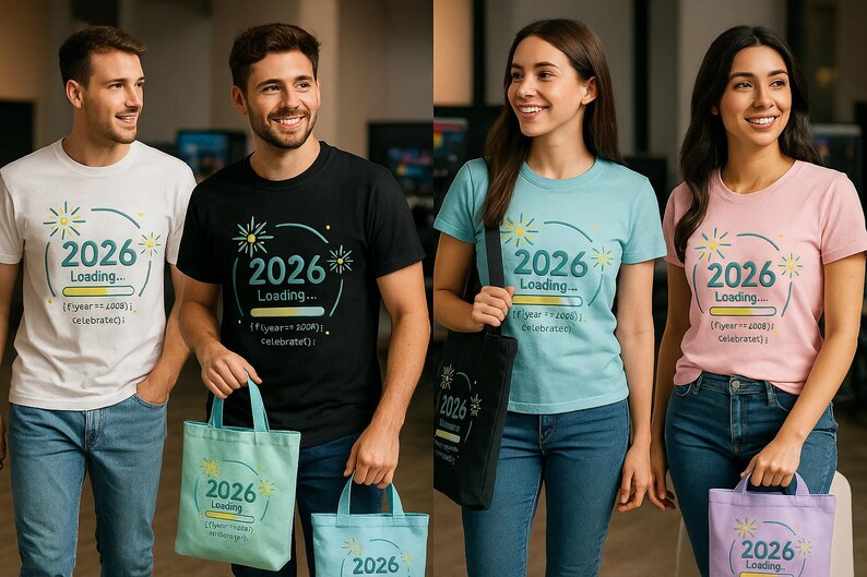 Peut inclure: Quatre personnes portent des t-shirts avec le texte "2026 Loading..." et tiennent des sacs fourre-tout. Les chemises sont blanches, noires, bleu clair et roses. Les sacs fourre-tout sont bleu clair, noirs et violets. Le texte comprend une barre de chargement et la phrase "Celebrate()".