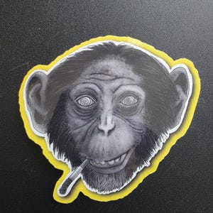 May include: A sticker featuring a detailed, grayscale illustration of a chimpanzee with a cigarette in its mouth. The chimpanzee has a yellow border and is set against a black background. The chimpanzee's eyes have a spiral design.