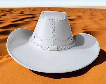 White Genuine Leather Cowboy Hat for Men, Western Outback Handmade Style