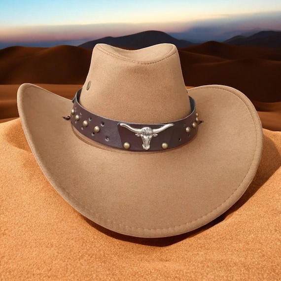Leather Cowboy Hat With Brown Studded Band and Silver Bull  display picture 2