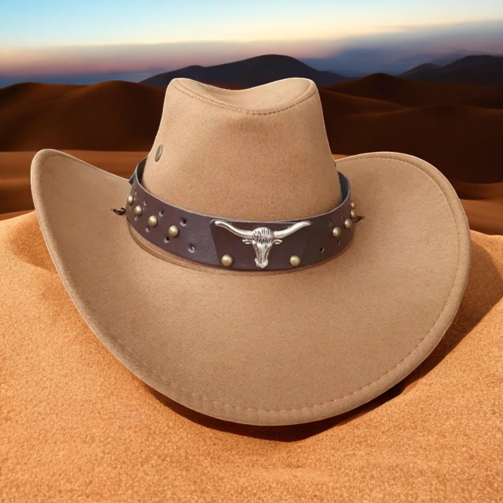 Leather Cowboy Hat With Brown Studded Band and Silver Bull  display picture 1