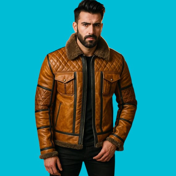 Herren Braun Leder Bomberjacke mit Faux Shearling Kragen Vintage