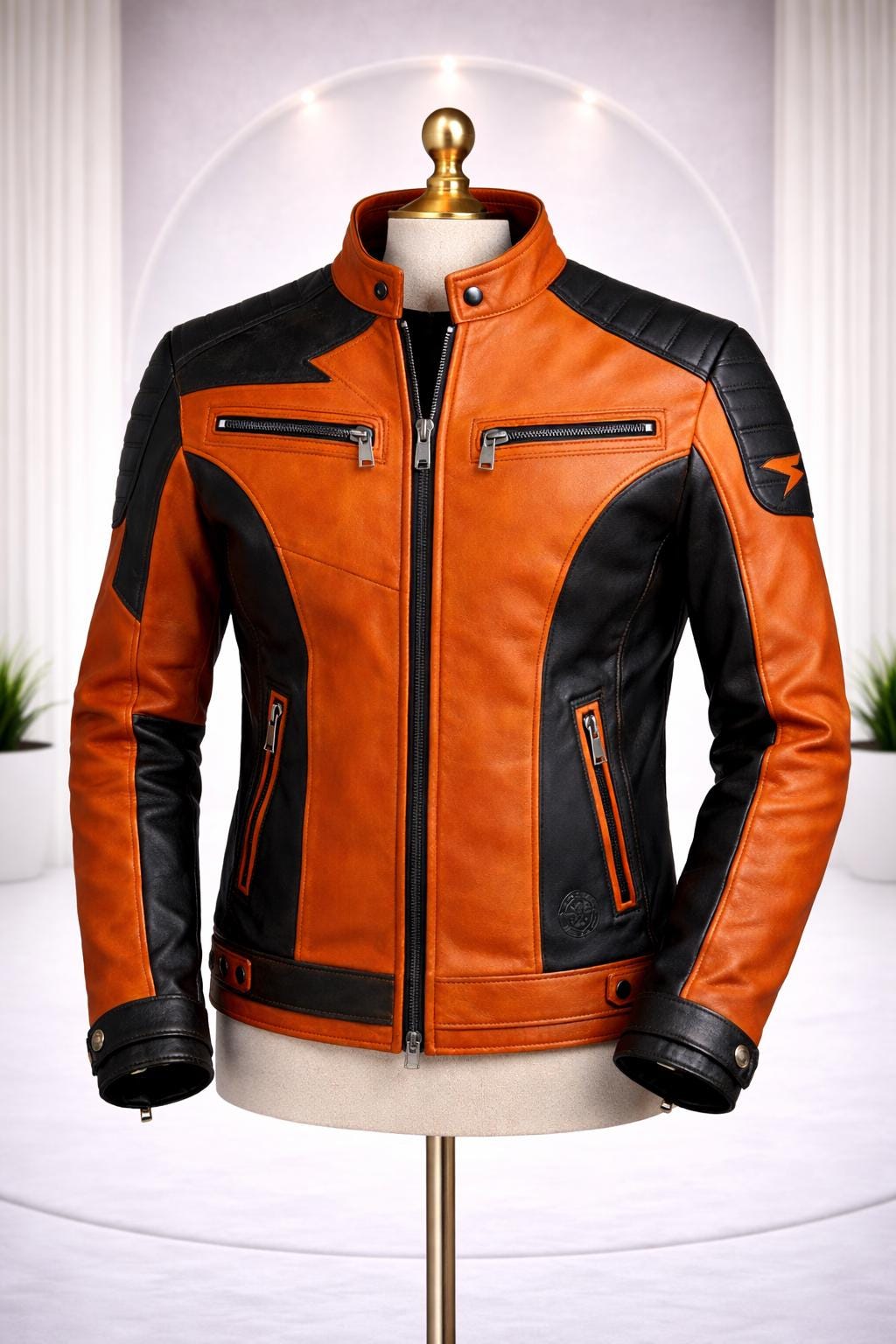 Men's Black and Orange Leather Biker Jacket Slim Fit Motorcycle