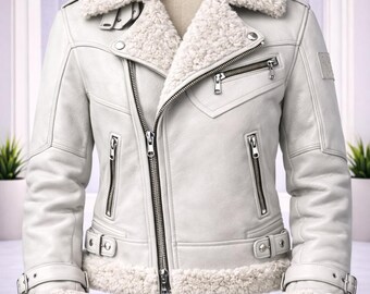 Men's White Leather Biker Jacket Faux Shearling Collar Moto Coat