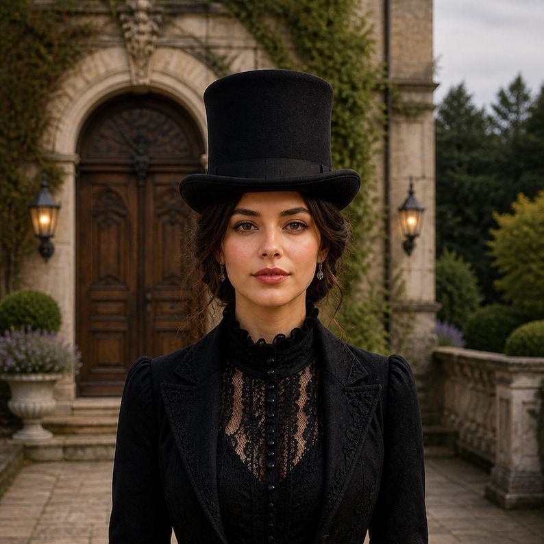 Puede incluir: Una mujer con un sombrero de copa negro y un atuendo negro de estilo victoriano. El atuendo incluye una blusa de encaje de cuello alto y una chaqueta entallada. El fondo presenta un edificio de piedra con una puerta de madera y luces exteriores.