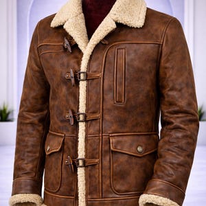 Men’s Brown Shearling Leather Jacket Faux Fur Winter Warm Sheepskin Coat Vintage Style