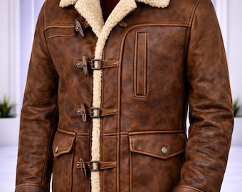 Men’s Brown Shearling Leather Jacket Faux Fur Winter Warm Sheepskin Coat Vintage Style