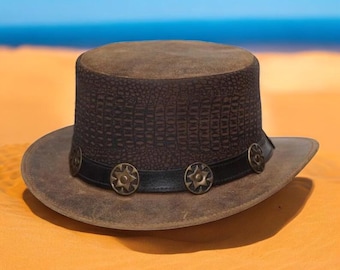 Men’s Brown Leather Steampunk Top Hat, Vintage Western Gothic Handmade Hat