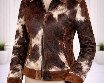 Chaqueta vaquera marrón de piel de vaca para mujer, abrigo corto estilo western con pelo sobre piel