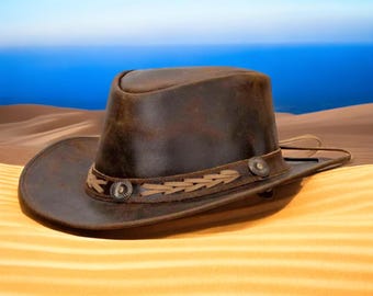 Cappello da cowboy Outback in pelle marrone con fascia intrecciata, fatto a mano in stile western
