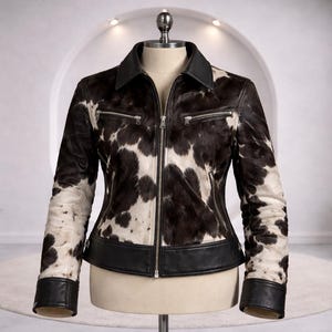 Chaqueta de piel de vaca blanca y negra para mujer, estilo western, informal, hecha a mano