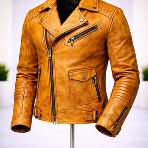Herrgul läderbikerjacka, handgjorda ytterkläder i vintage-motorcykelstil