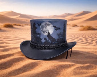 Zwarte leren hoge hoed met Wolf Moon-ontwerp, handgemaakte gotische steampunk-hoed