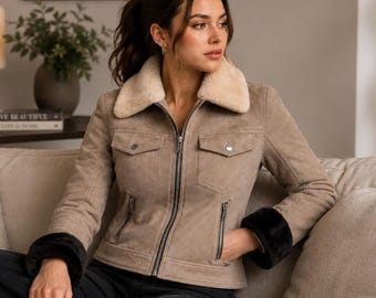 Women’s Beige Shearling Bomber Jacket | Winter Coat with faux Fur Collar Cuffs