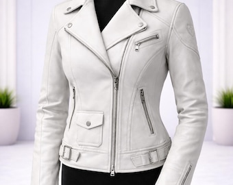 Giacca da motociclista in pelle bianca da donna, stile motociclista corto, abbigliamento casual minimalista