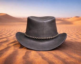 Handmade Black Leather Cowboy Hat Western Outback Style with Braided Band