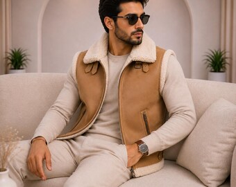 Men’s Tan Leather Vest Winter Casual Biker Style Sleeveless Jacket