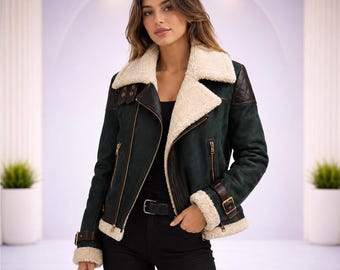 Women’s Shearling Bomber Jacket, Green Leather Winter Coat, Handmade Faux Fur