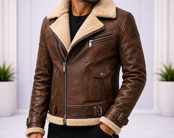 Men’s Brown Shearling Leather Bomber Jacket Winter Faux Fur Aviator Style Coat