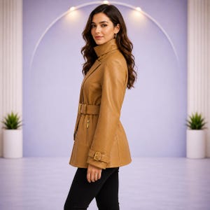 May include: A tan jacket with a high collar, a belted waist, and long sleeves featuring buckled cuffs. The jacket includes gold-toned hardware, such as a belt buckle, cuff buckles, and a vertical zippered pocket on the front side.