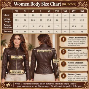 May include: A brown leather jacket shown from front and back views with a size chart titled Women Body Size Chart (In Inches). The chart lists measurements for chest, sleeve length, across shoulder, and bottom for sizes XS through 5XL.